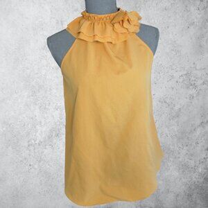 Zara Basic Sleeveless Ruffled High Neck Keyhole Camel Tan Brown Sz M